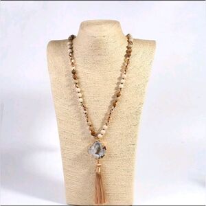 Vintage Cream and Brown Beaded Necklace with Tassel New Without Tags 🛍️